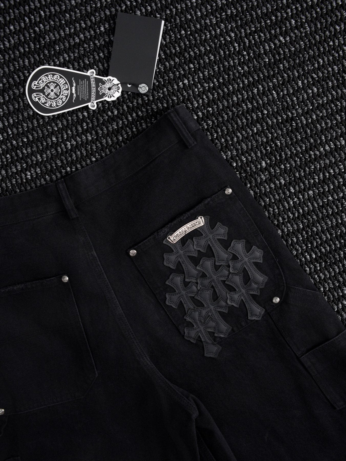 Chrome Hearts Black Graphic Appliqué Denim Cargo Shorts — detail