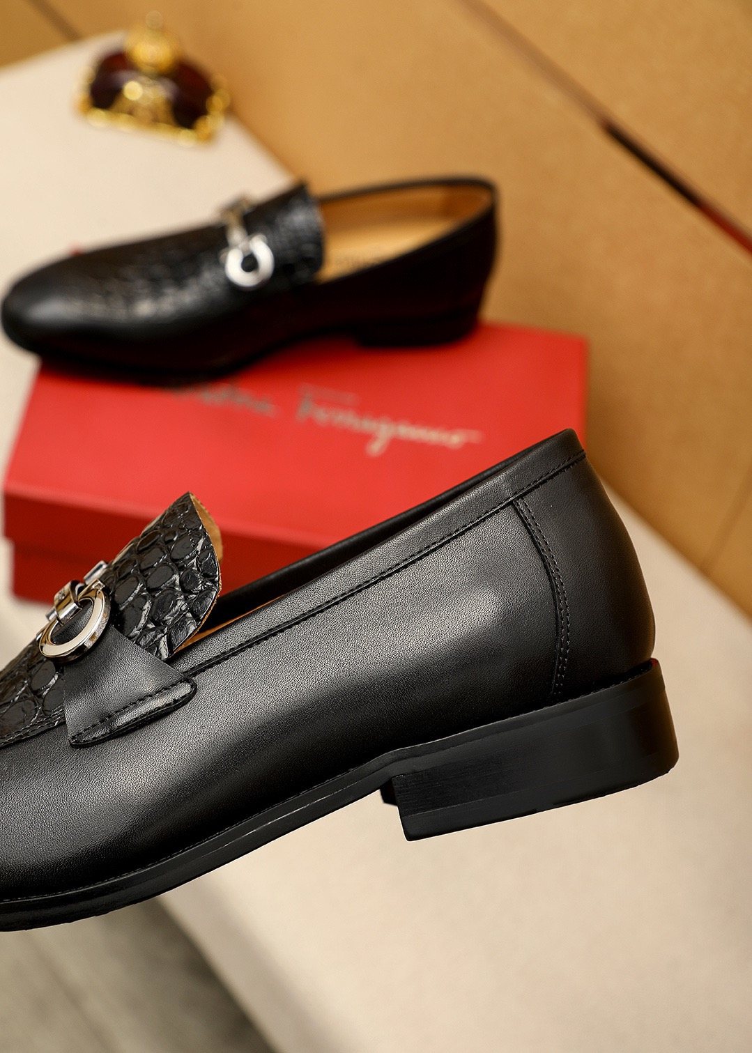 Ferragamo Black Buckle Loafers — detail