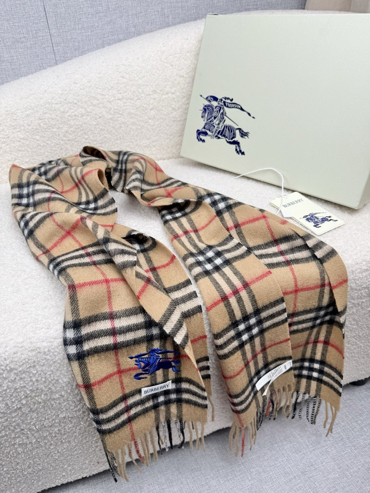 Burberry Beige Plaid Fringe Scarf — front