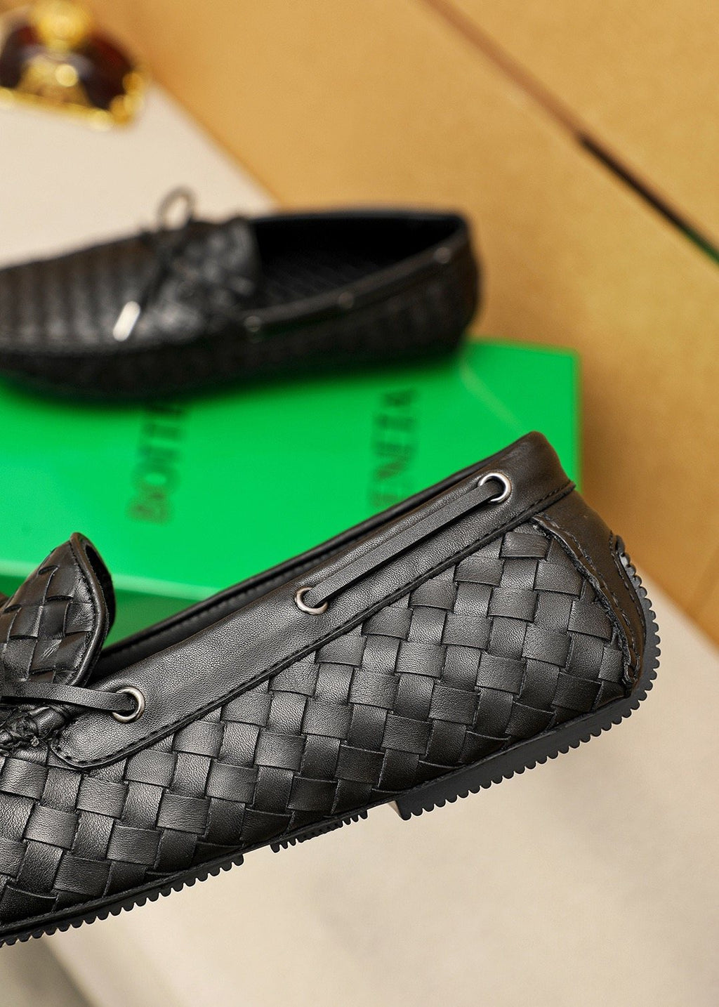 Bottega Veneta Black Woven Lace-Up Loafers — detail