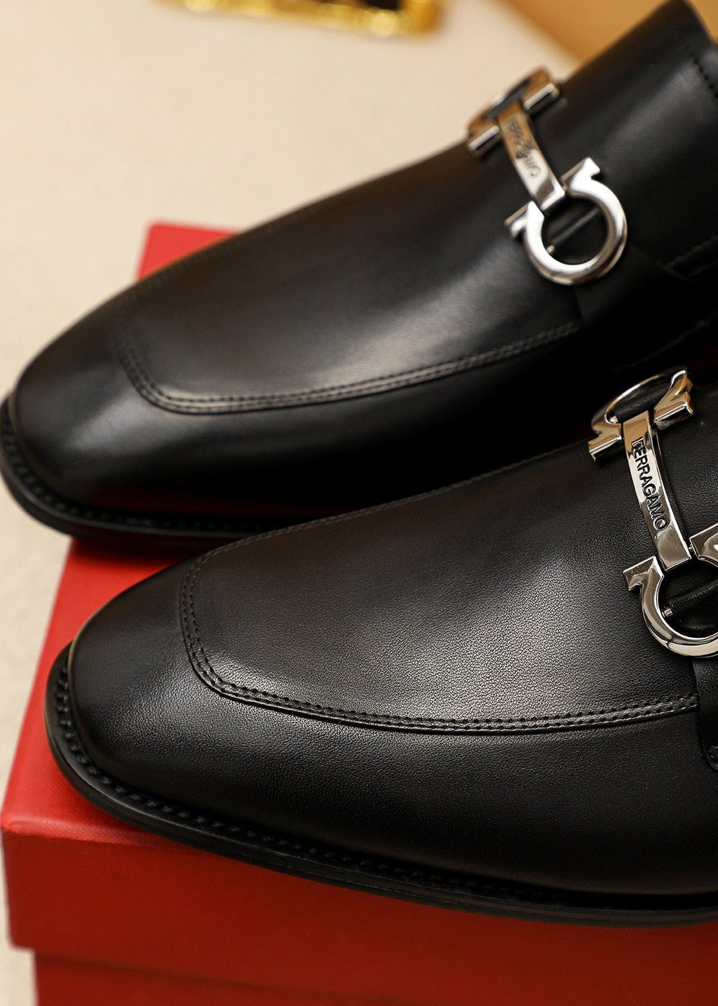 Ferragamo Black Buckle Loafers — detail