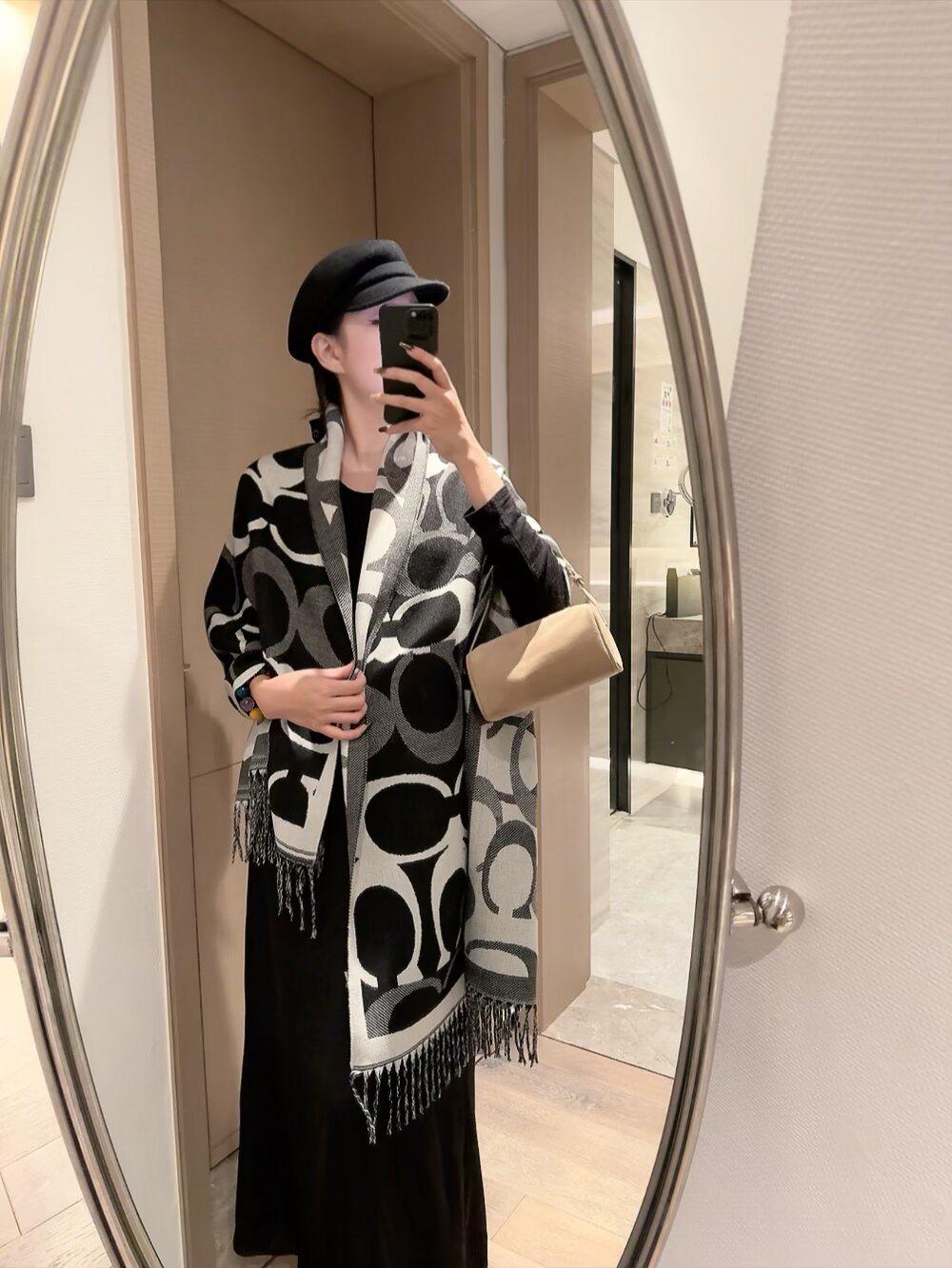 Coach Reversible Geometric Fringe Scarf — model