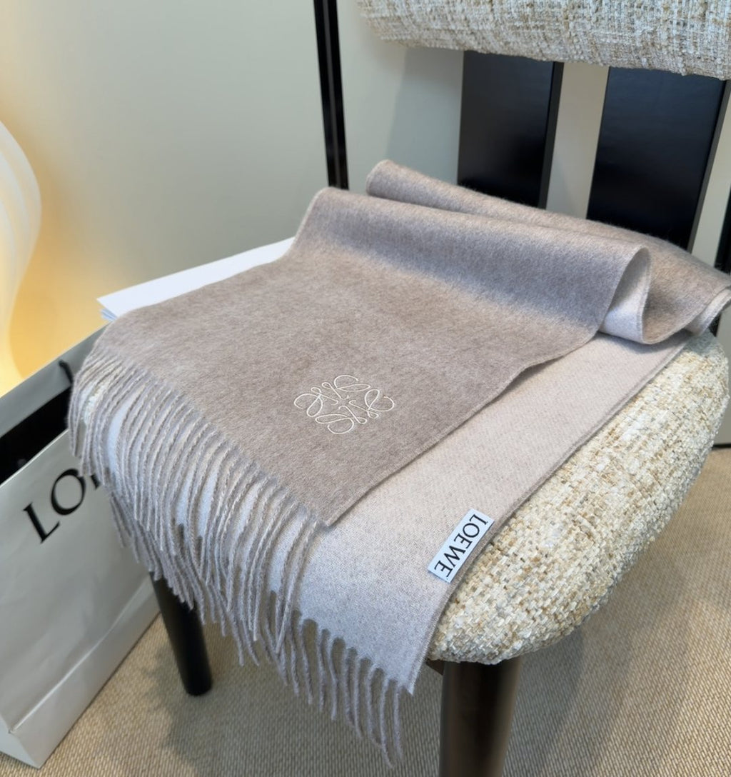 Loewe Taupe Gray and Light Beige Fringed Scarf — side