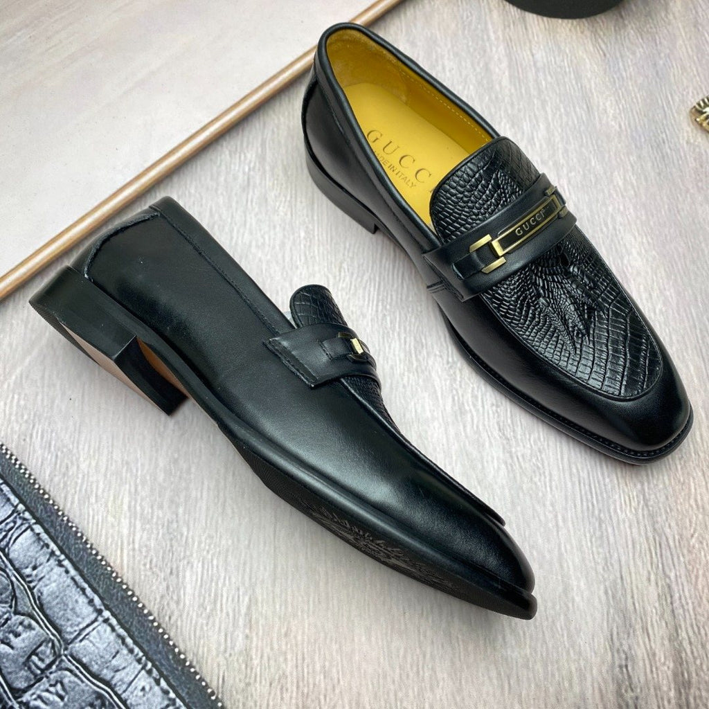Gucci Black Textured Leather Slip-On Shoes — side