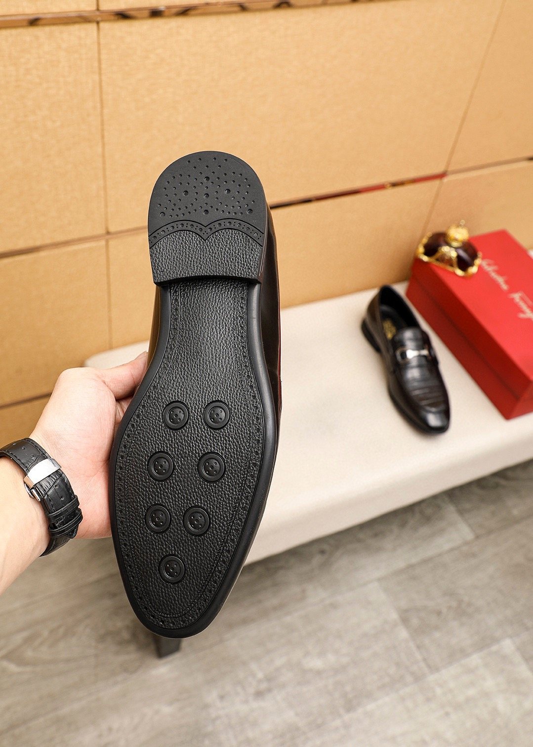 Ferragamo Black Embossed Buckle Loafers — detail
