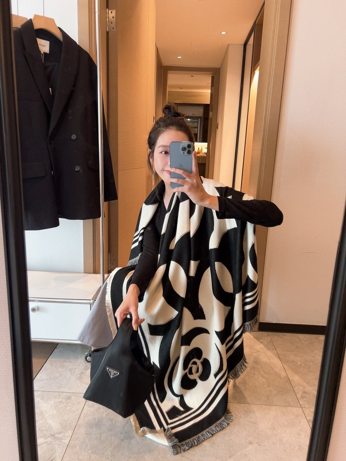 Chanel Black & Ivory Floral Scarf — model