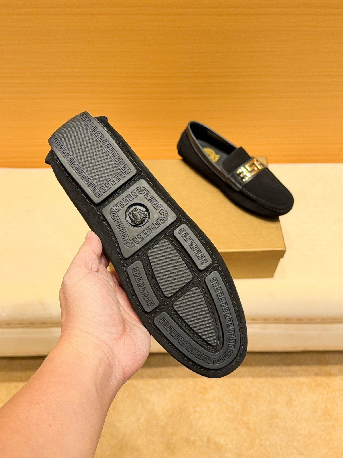 Versace Black Gold Buckle Loafers — back