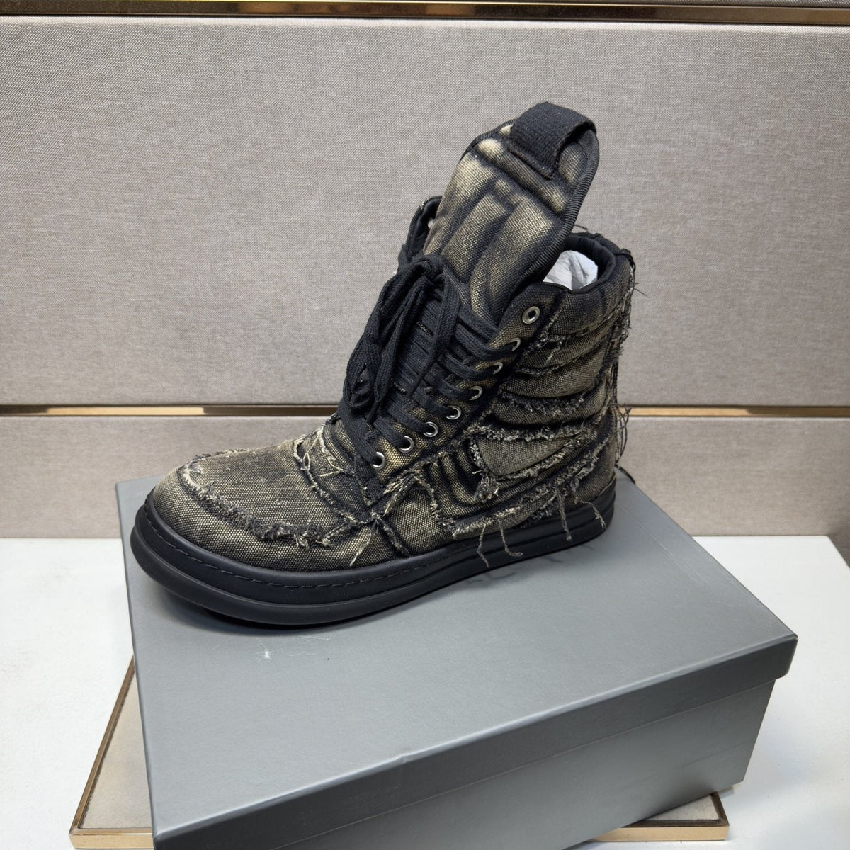 Charcoal Gray and Black High-Top Sneakers — side