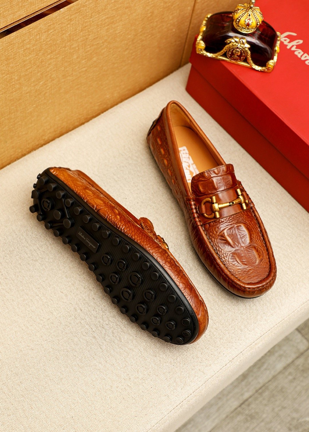 Ferragamo Brown Embossed Driving Loafers — side