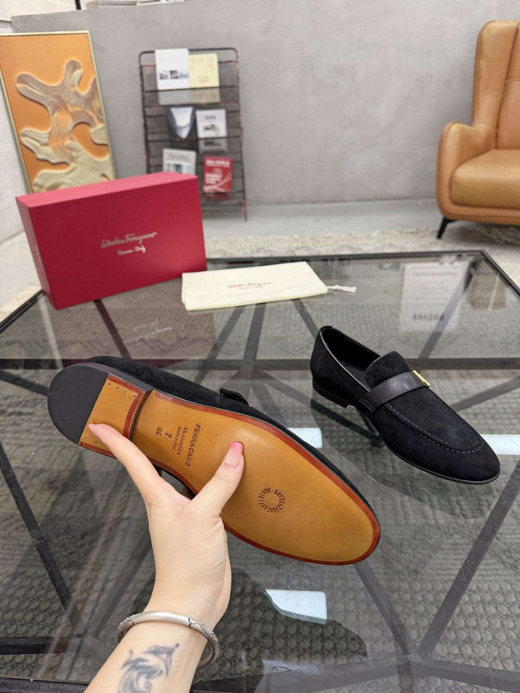 Gold-Hardware Suede Slip-On Loafers — detail