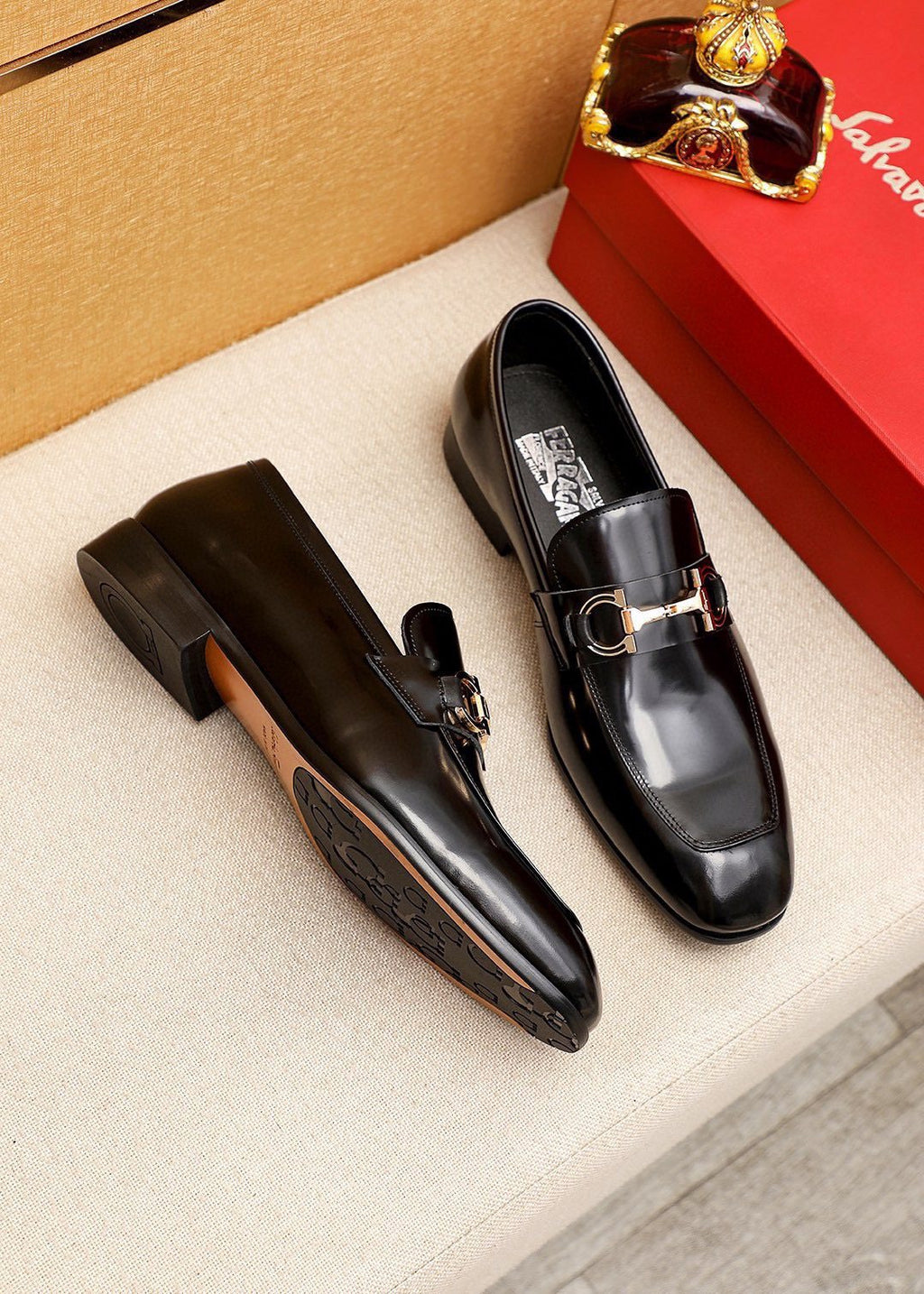 Ferragamo Black Buckle Loafers — front