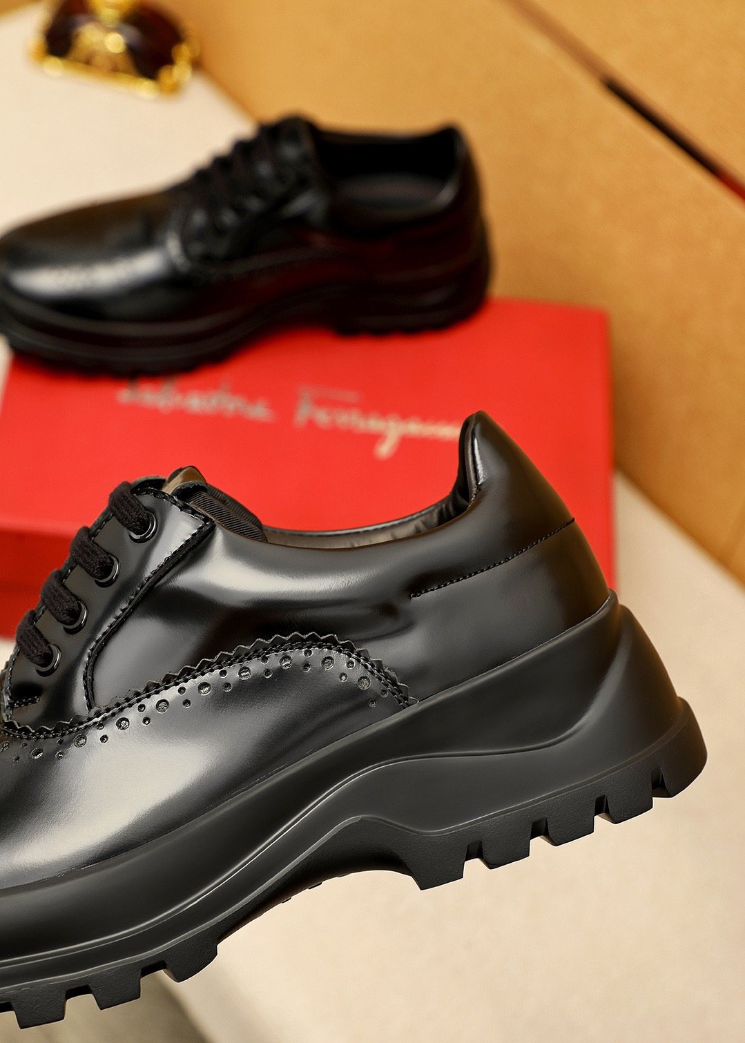 Ferragamo Black Perforated Lace-Up Shoes — side