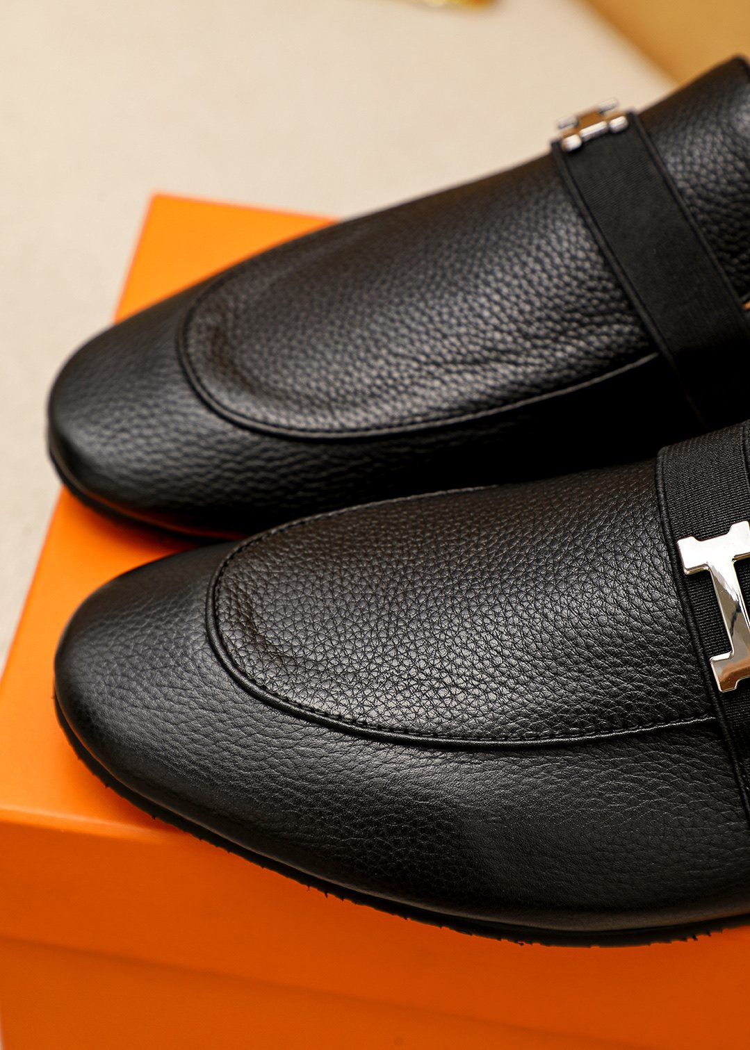 Hermès Black H-Hardware Loafers — detail