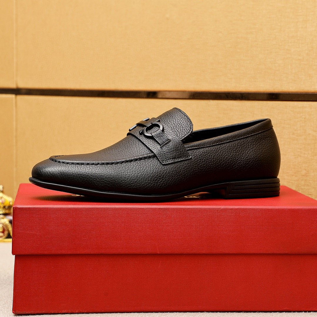 Ferragamo Textured Metal-Strap Loafers — detail