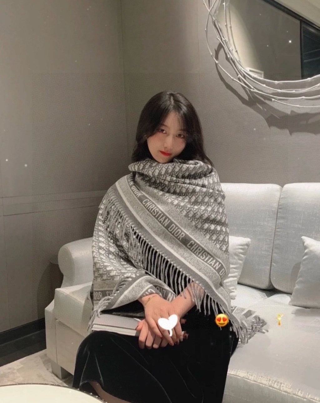 Dior Fringed Patterned Shawl — model