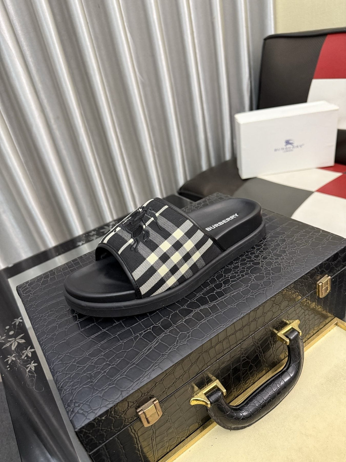 Burberry White Plaid Horse Motif Slide Sandals — front