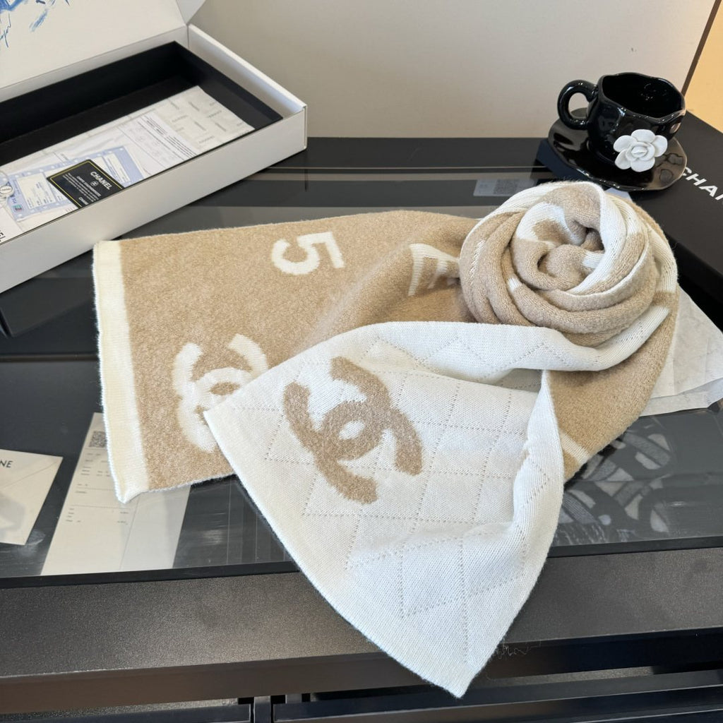 Chanel Beige and Cream Motif Knitted Scarf — front