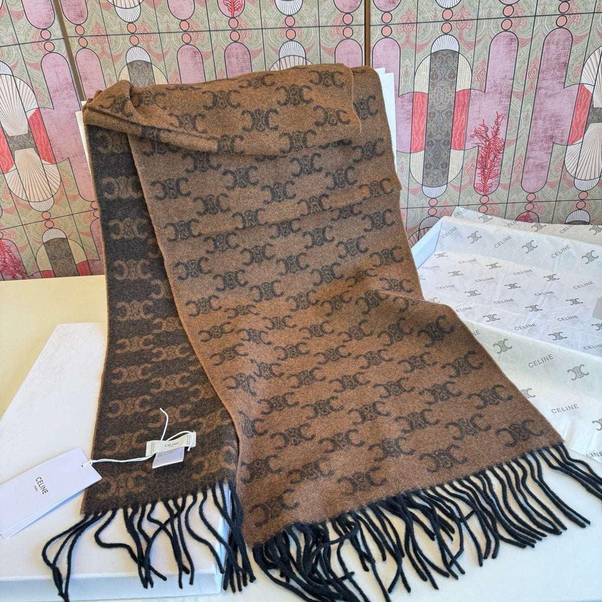 CELINE Brown Monogram Fringed Scarf — front