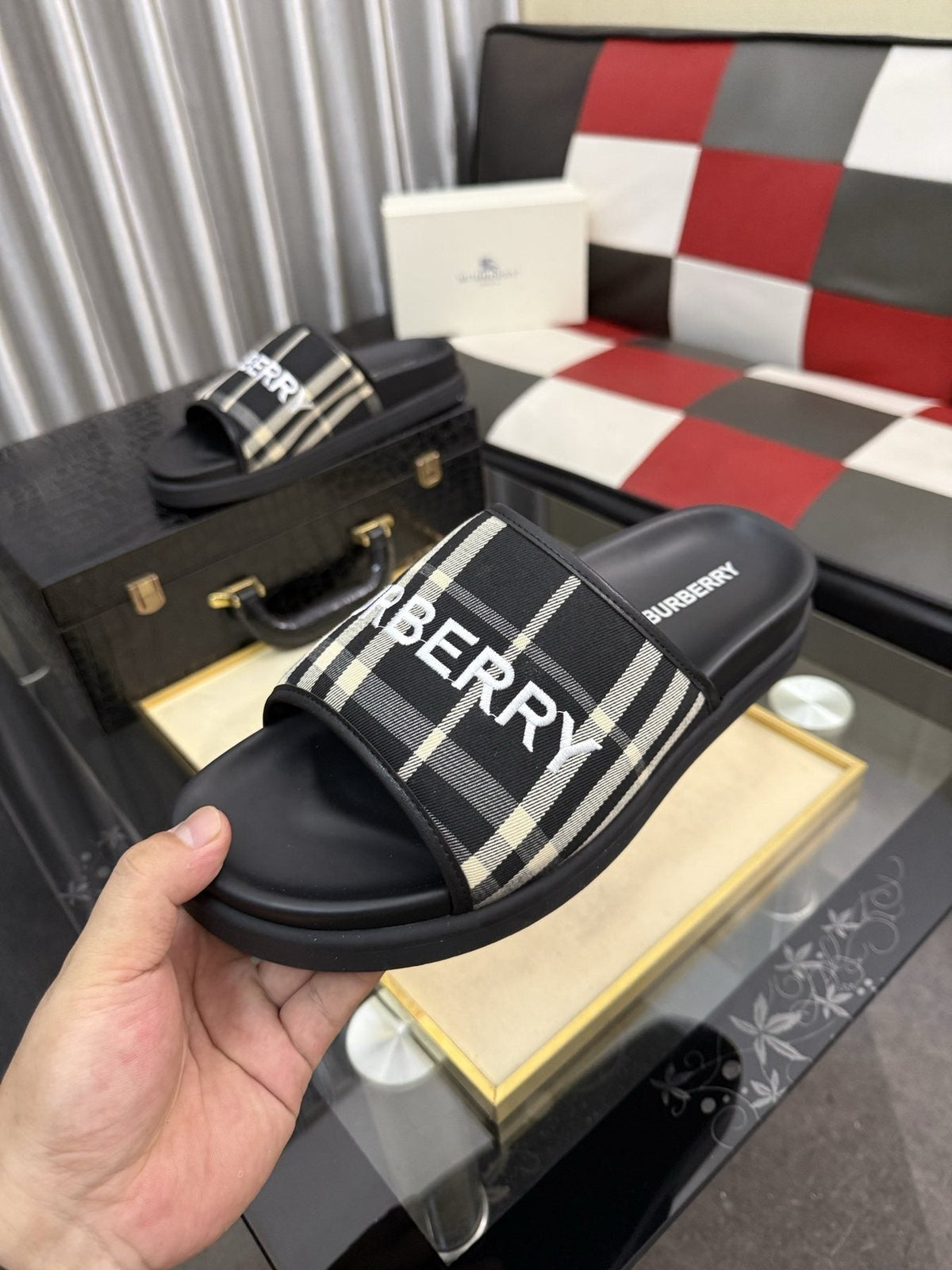Burberry Check Logo Slide Sandals — front