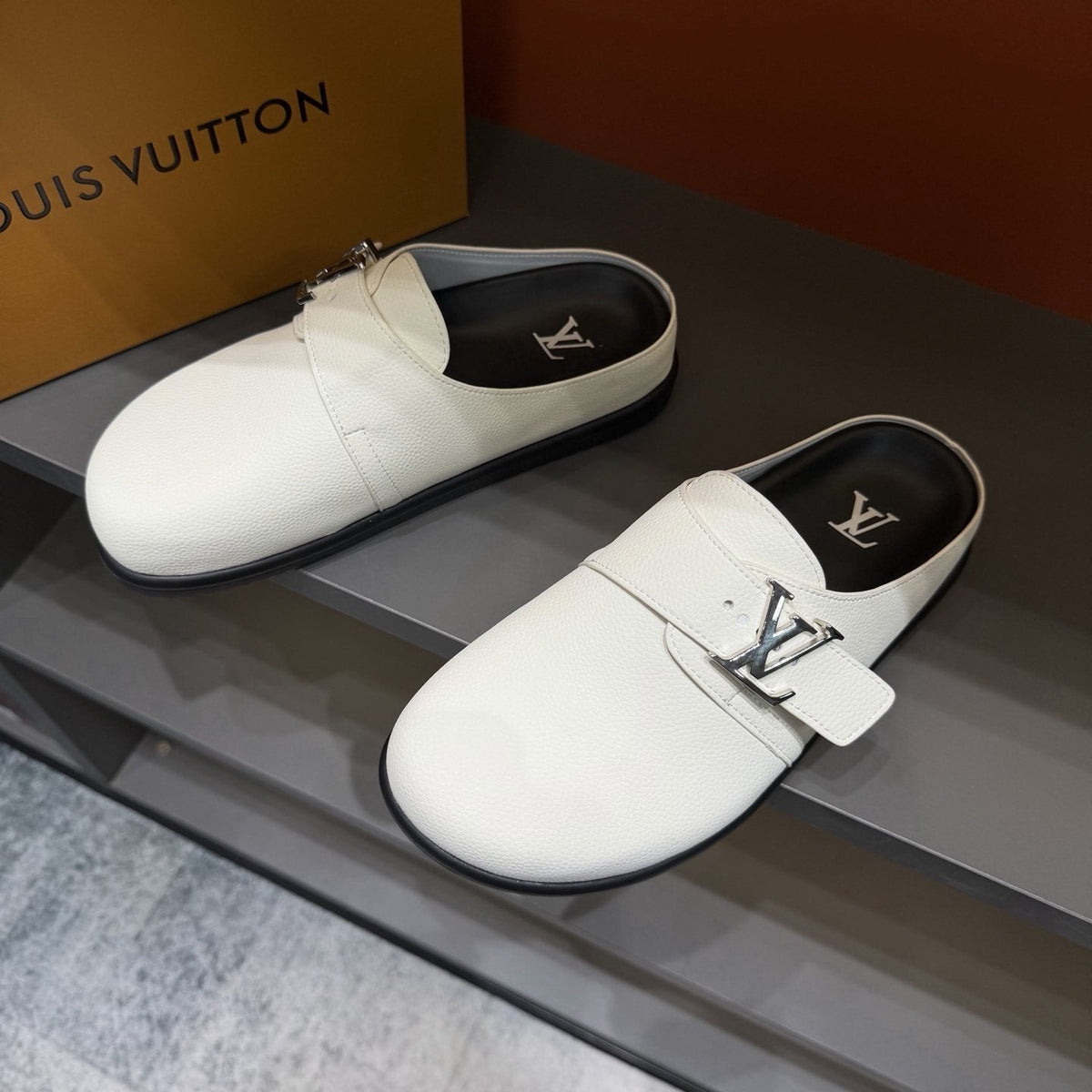 Louis Vuitton Buckled Monogram Mule Shoes — front