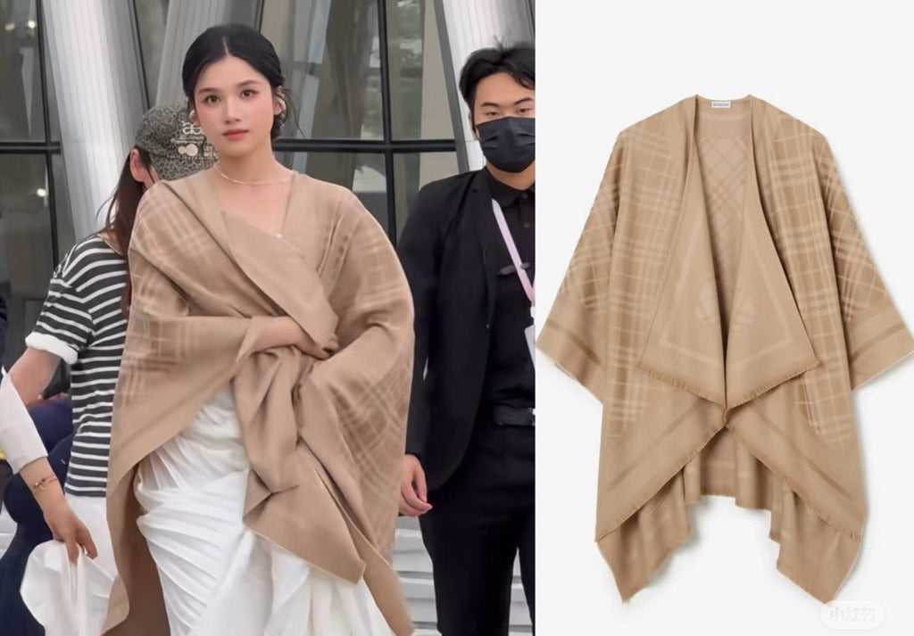 Fringed Check-Inspired Shawl — model
