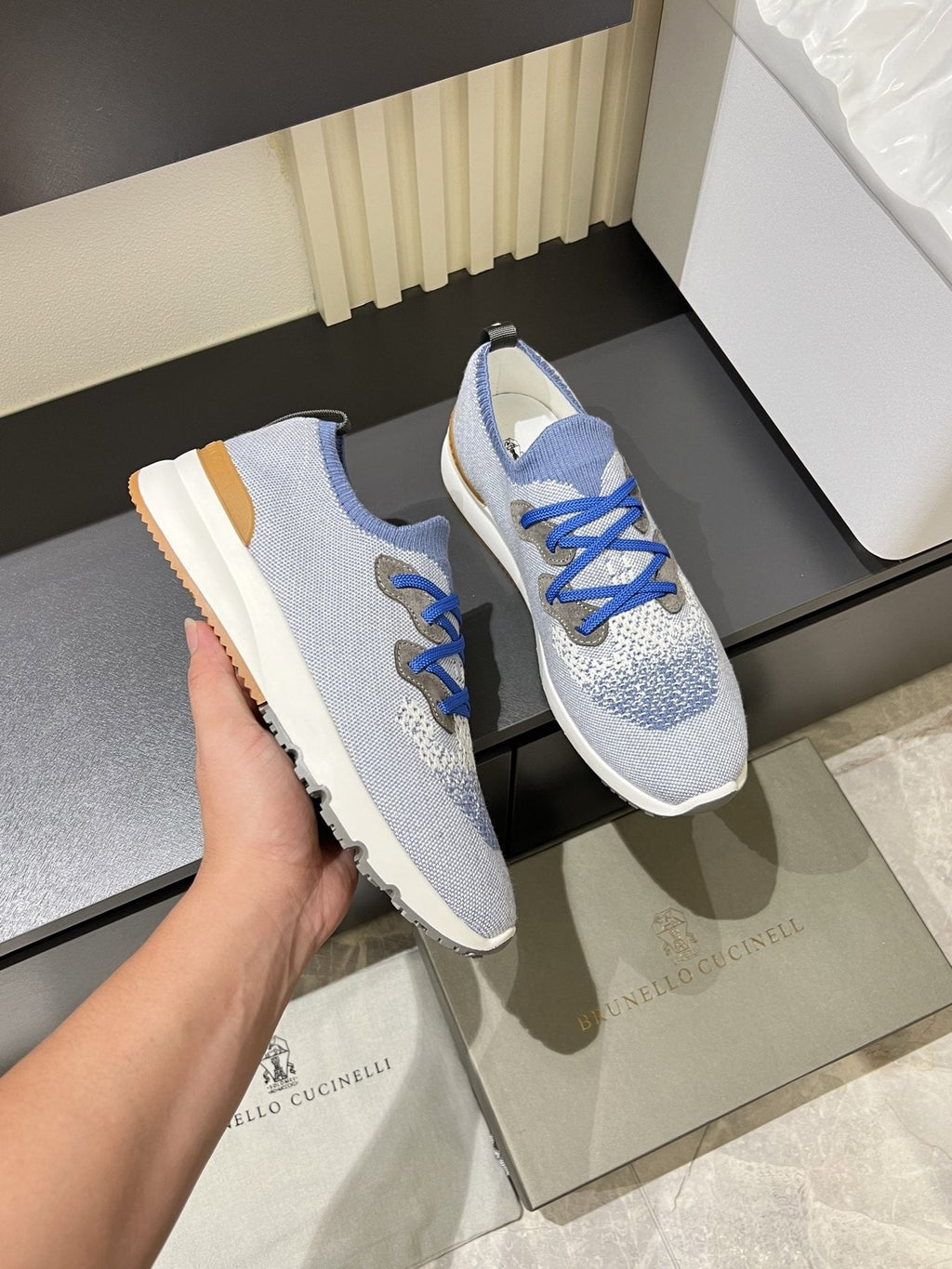 Brunello Cucinelli Color-Block Knit Sneakers — model