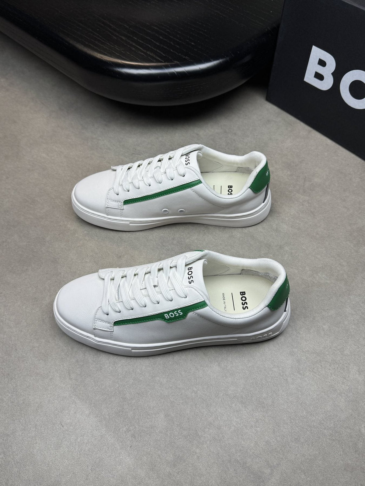 BOSS White Green Low-Top Sneakers — front