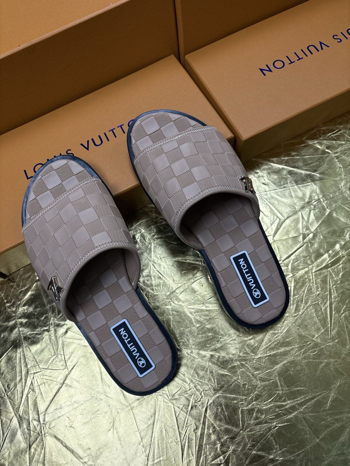 Louis Vuitton Checker-Pattern Slide Sandals — front